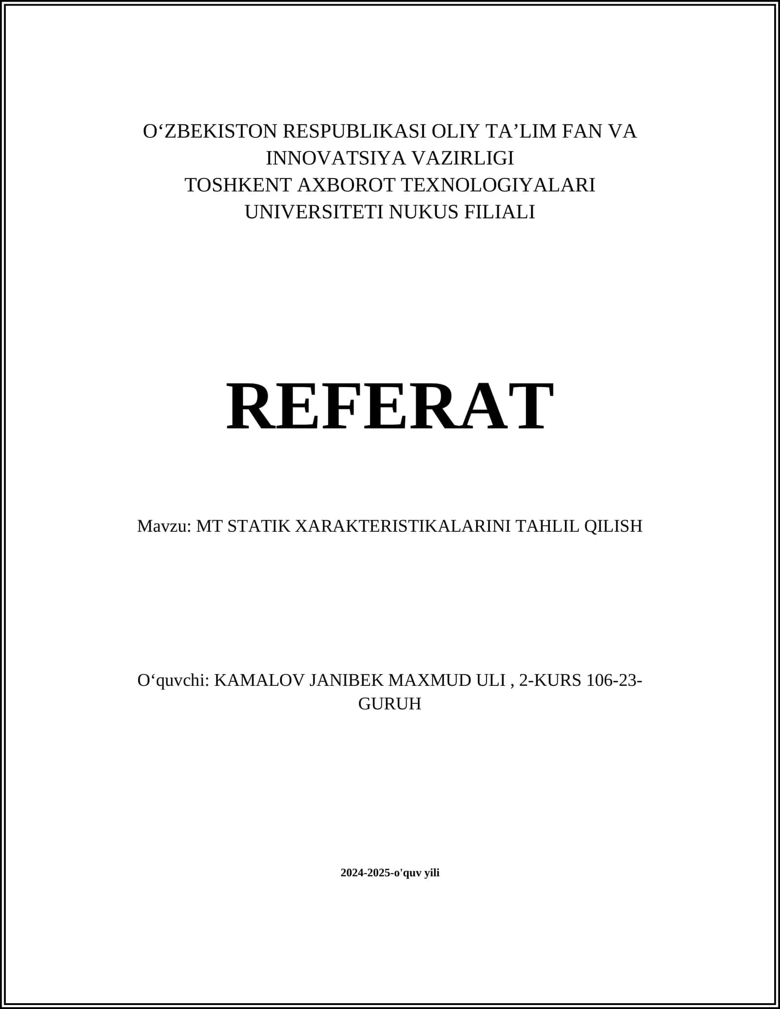 MT STATIK XARAKTERISTIKALARINI TAHLIL QILISH