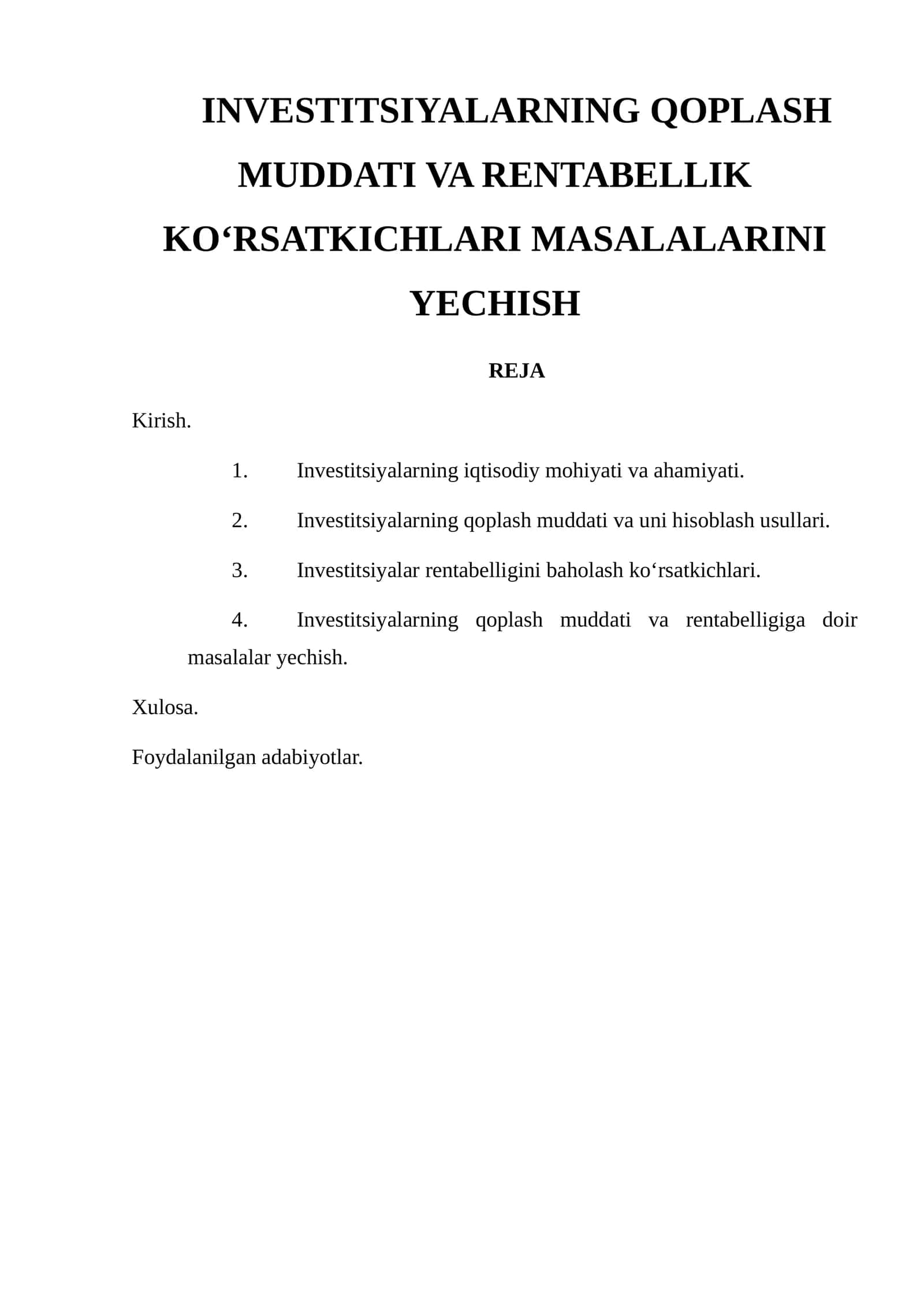 Investitsiyalarning Qoplash Muddati va Rentabellik Ko‘rsatkichlari Masalalarini Yechish