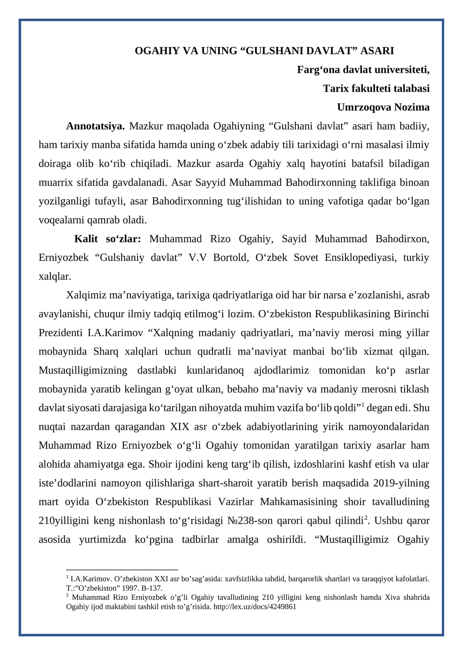 OGAHIY VA UNING “GULSHANI DAVLAT” ASARI