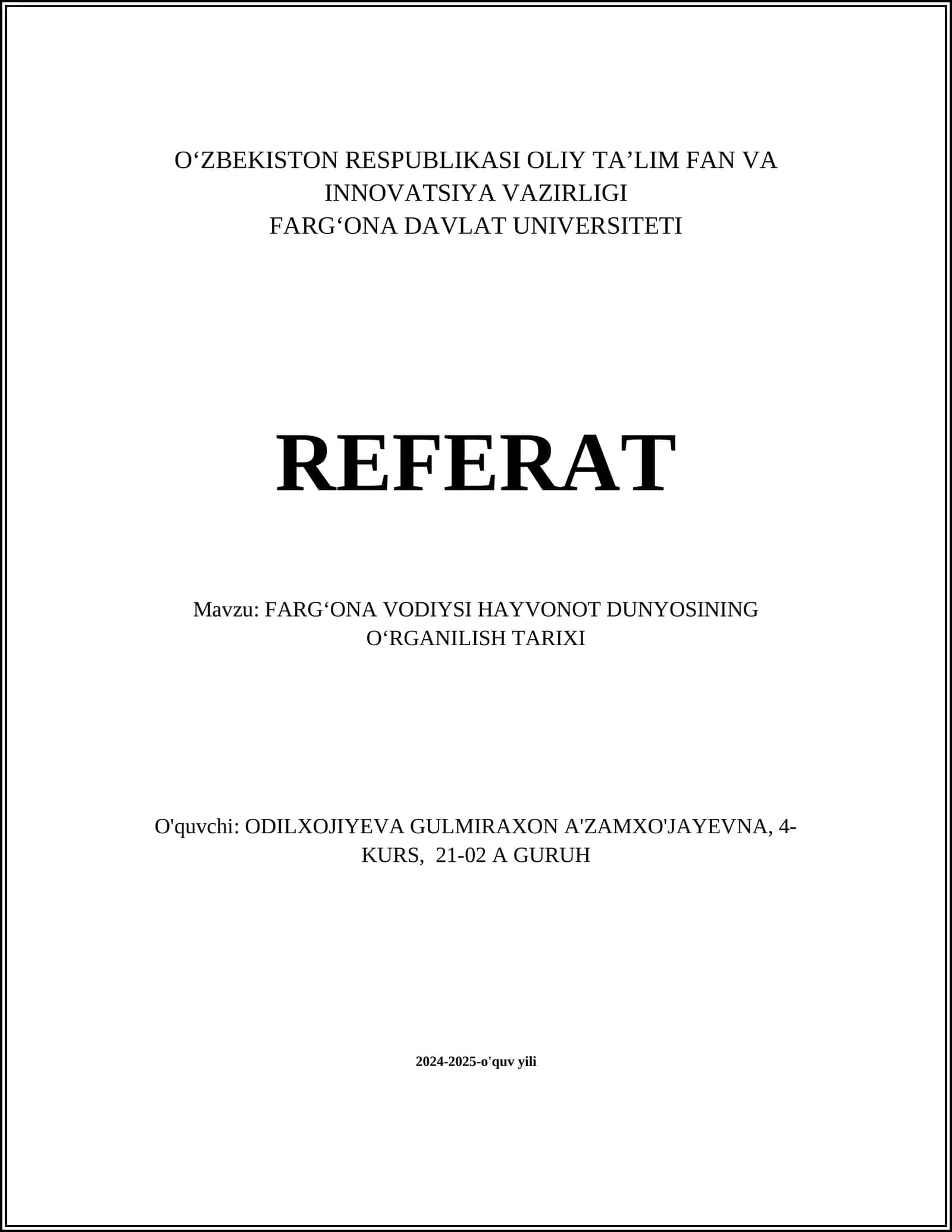 FARGʻONA VODIYSI HAYVONOT DUNYOSINING OʻRGANILISH TARIXI
