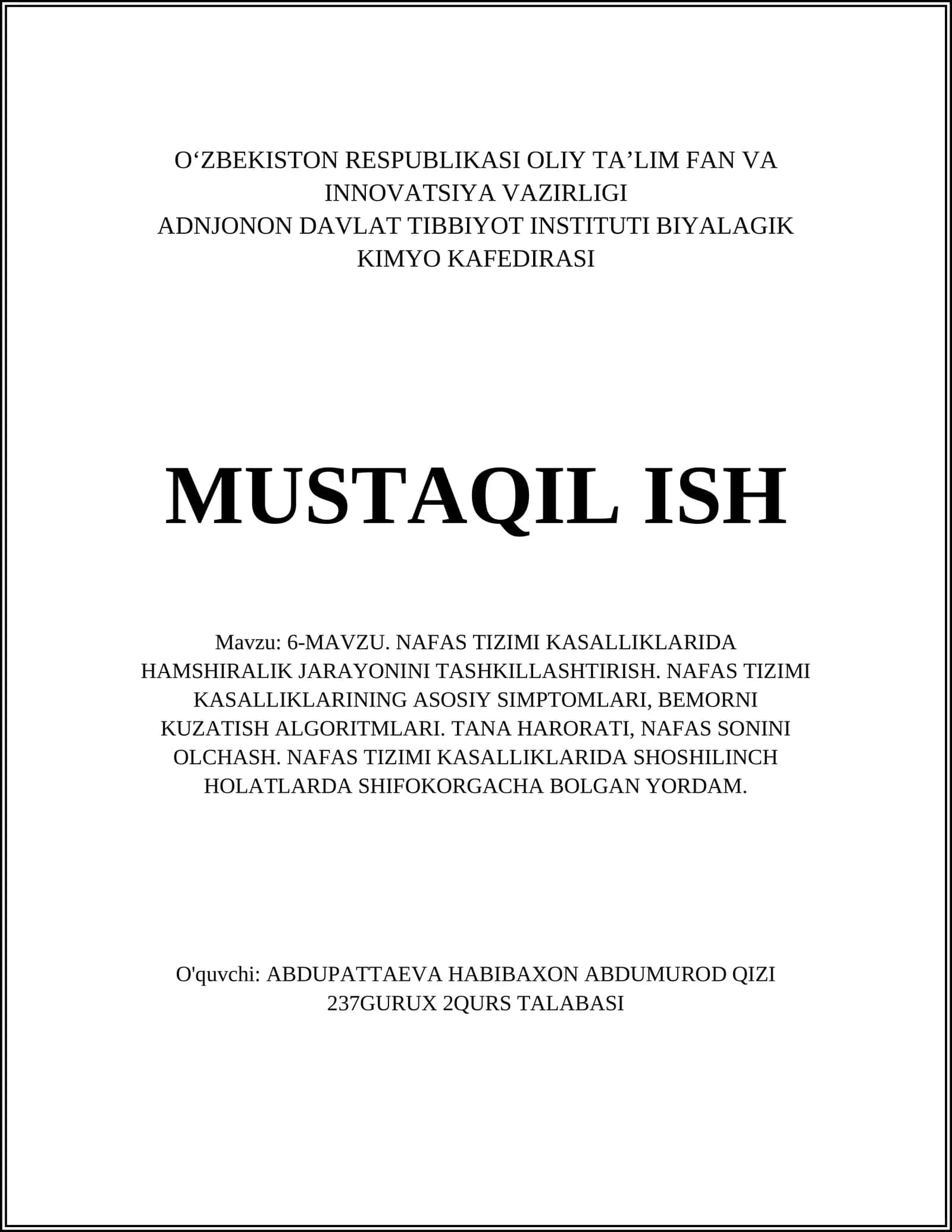 Nafas Tizimi Kasalliklarida Hamshirlik Jarayoni