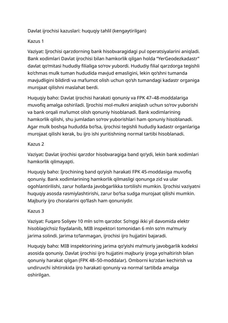 Davlat ijrochisi kazuslari: huquqiy tahlil (kengaytirilgan)