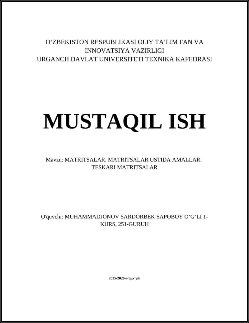 MATRITSALAR. MATRITSALAR USTIDA AMALLAR. TESKARI MATRITSALAR