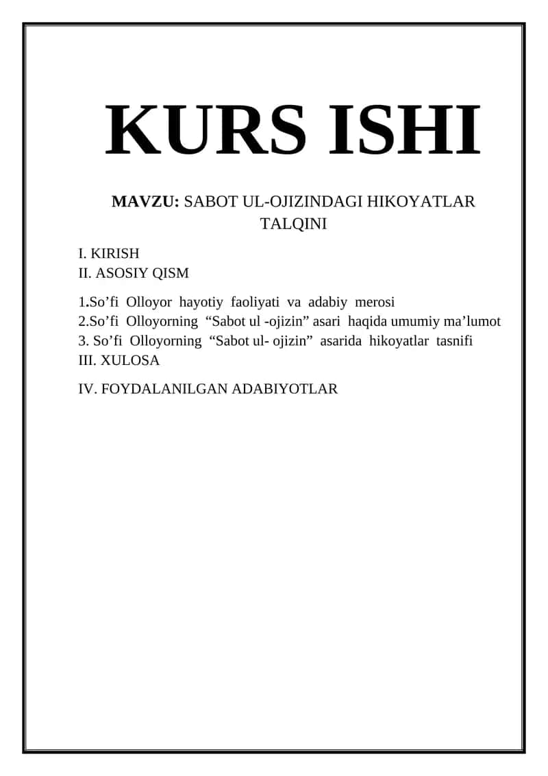 Sabot ul-Ojizindagi hikoyatlar talqini
