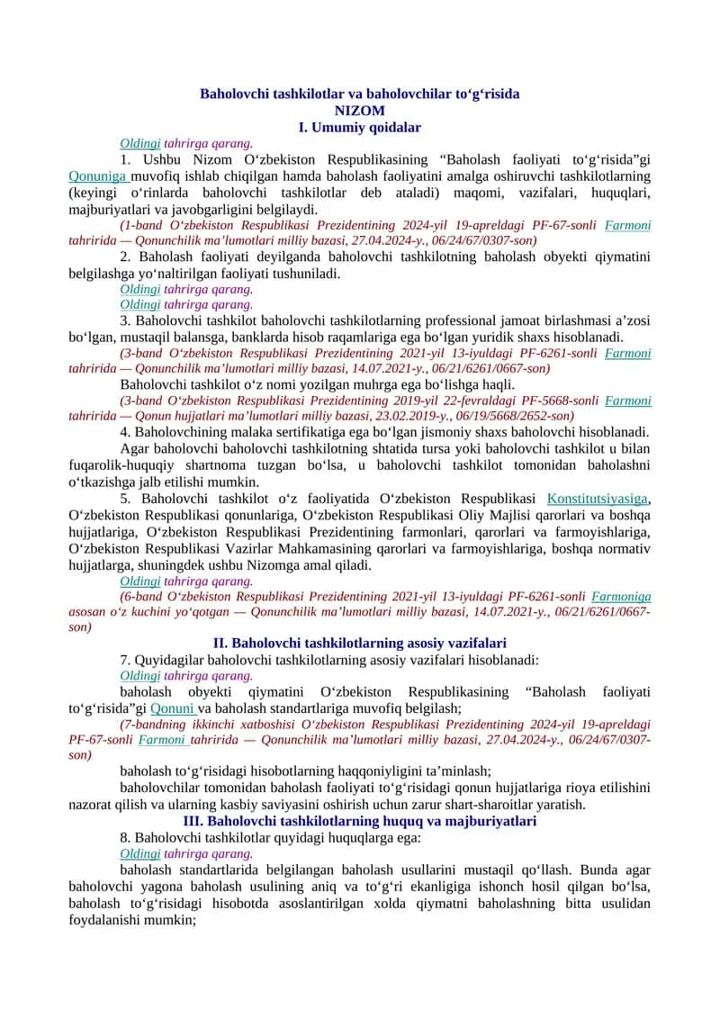 Baholovchi tashkilotlar va baholovchilar to‘g‘risida NIZOM