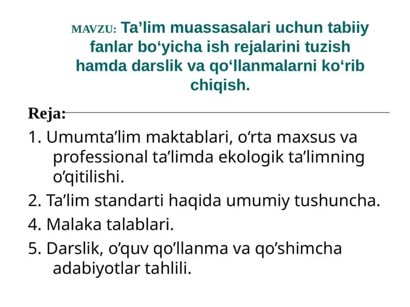 Ta’lim muassasalariuchun tabiiy fanlar bo‘yicha ish rejalarini tuzish