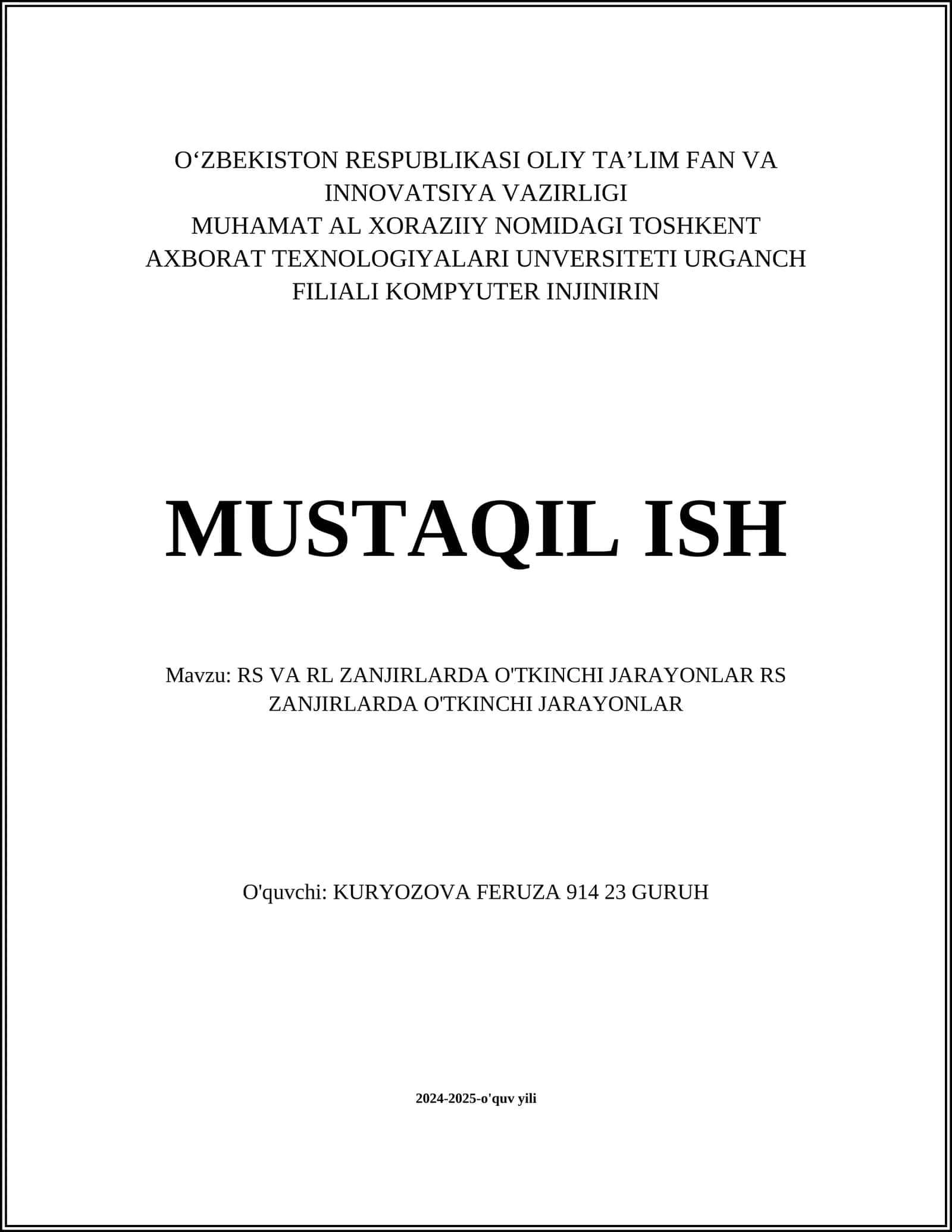 RS va RL zanjirlarda O'tkinchi jarayonlar