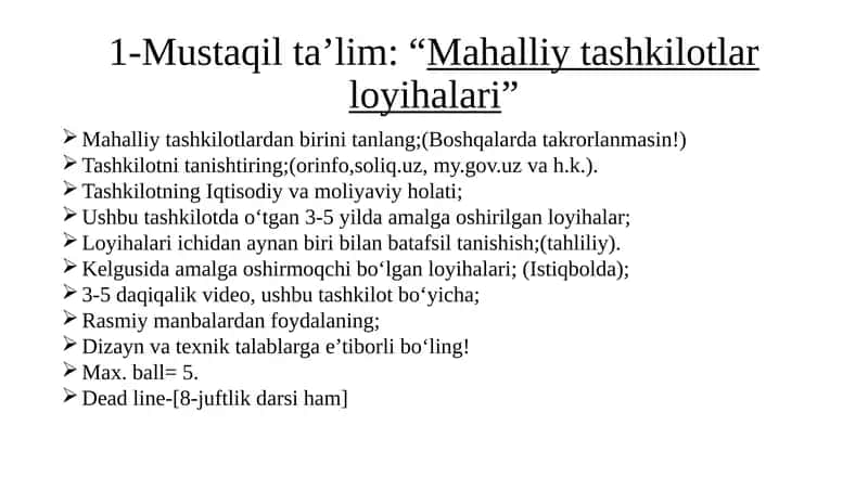 Mustaqilta’lim: “Mahalliy tashkilotlar loyihalari”