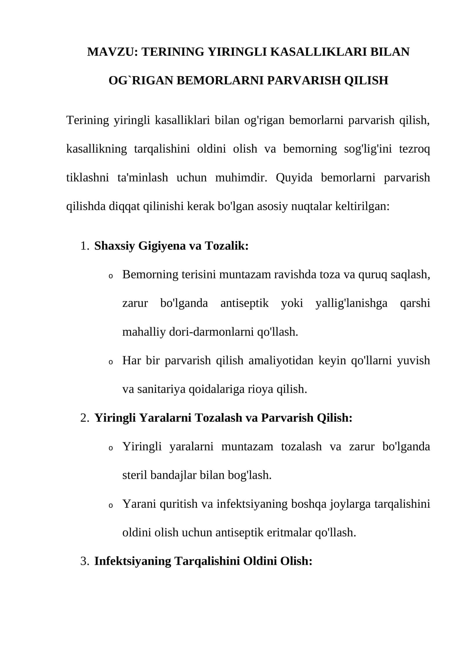 TERINING YIRINGLI KASALLIKLARI BILAN OG'RIGAN BEMORLARNI PARVARISH QILISH