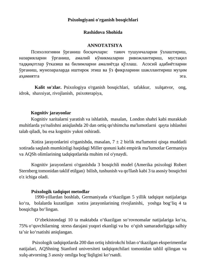 Psixologiyani o'rganish bosqichlari