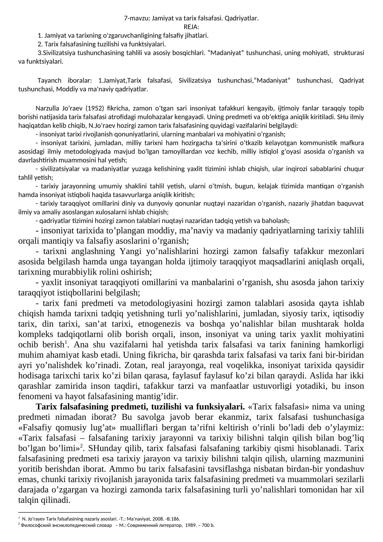 Jamiyat va tarix falsafasi. Qadriyatlar