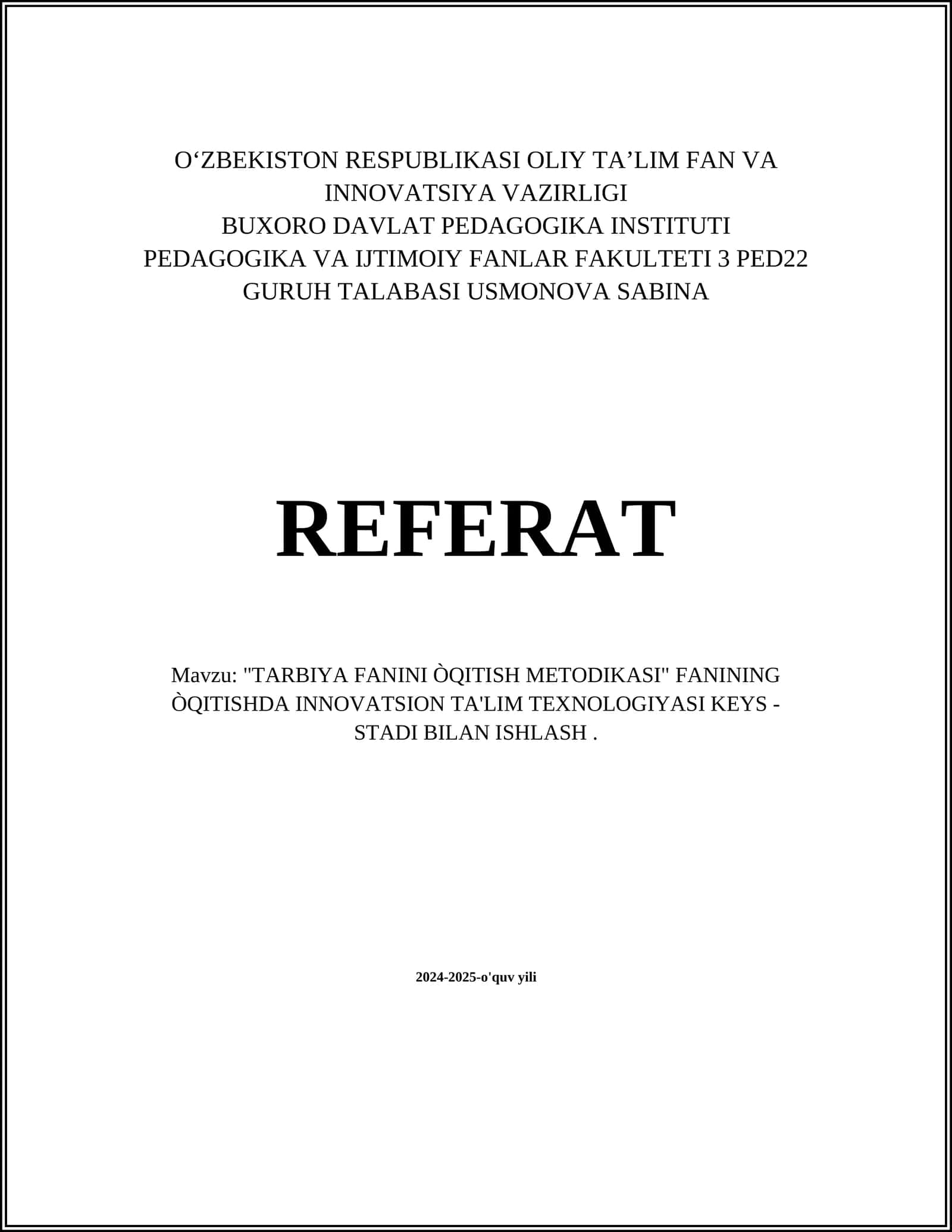 TARBIYA FANINI ÒQITISH METODIKASI