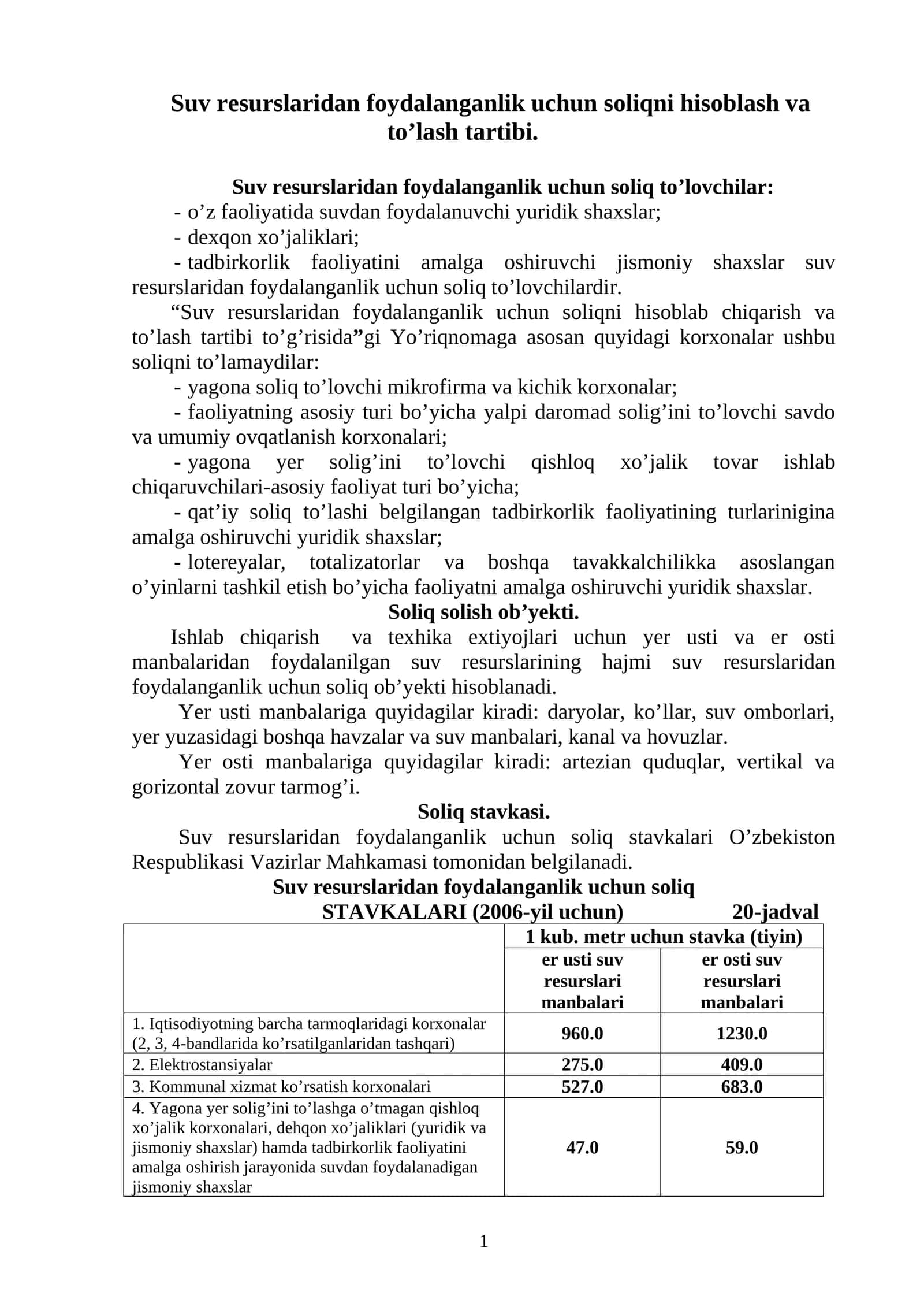 Suv resurslaridan foydalanganlik uchun soliqni hisoblash va to’lash tartibi