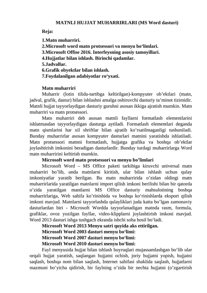MATNLI HUJJAT MUHARRIRLARI (MS Word dasturi)