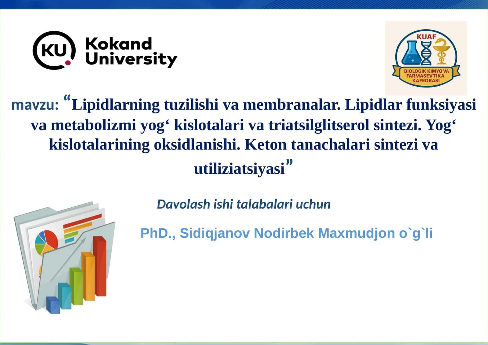Lipidlarning tuzilishi va membranalar. Lipidlar funksiyasi va metabolizmi yog‘ kislotalar va triatsilgliserol sintezi. Yog‘ kislotalarining oksidlanishi. Keton tanachalar sintezi va utilizatsiyasi