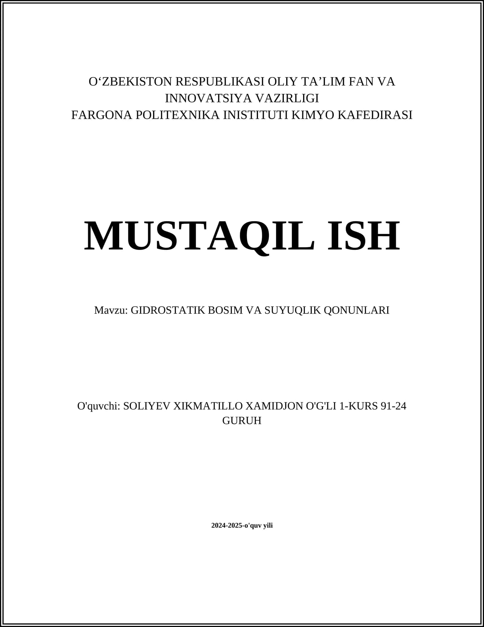 GIDROSTATIK BOSIM VA SUYUQLIK QONUNLARI