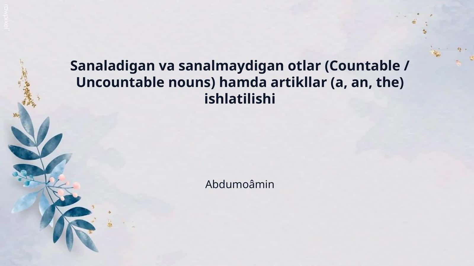 Sanaladigan va sanalmaydigan otlar (Countable / Uncountable nouns) hamda artikllar (a, an, the) ishlatilishi
