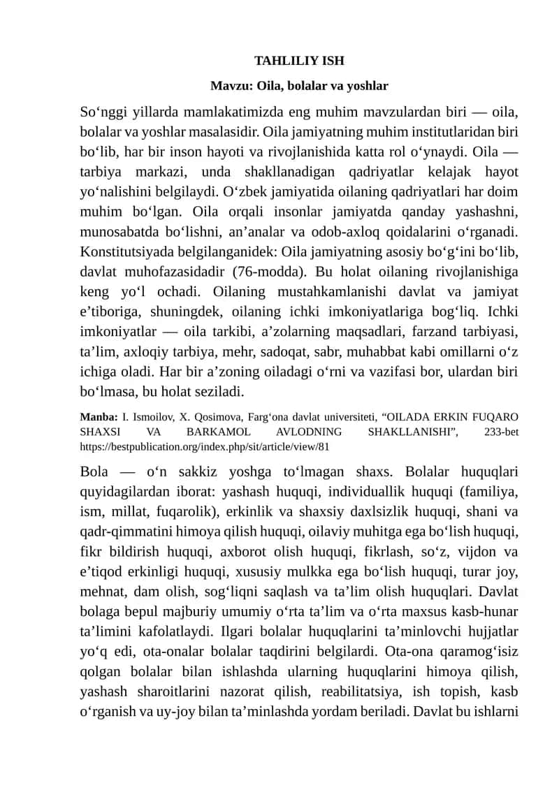 OILA,BOLALAR VA YOSHLAR tahliliy ish