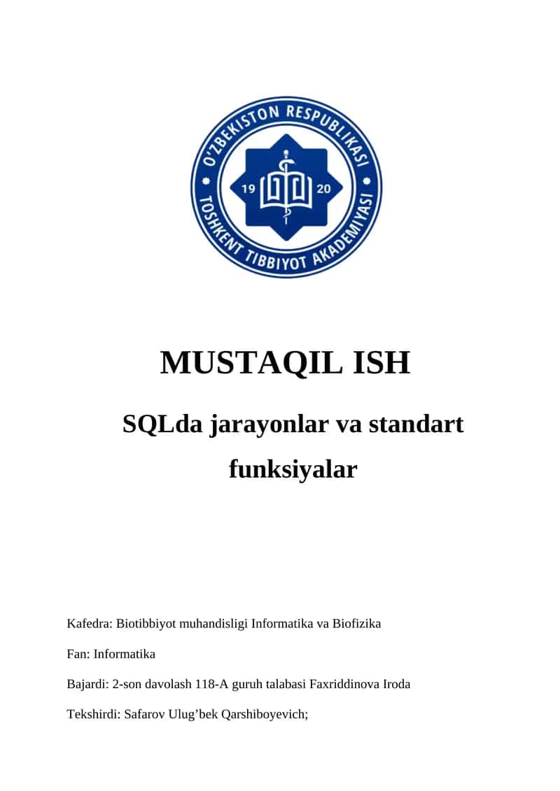SQLda jarayonlar va standart funksiyalar