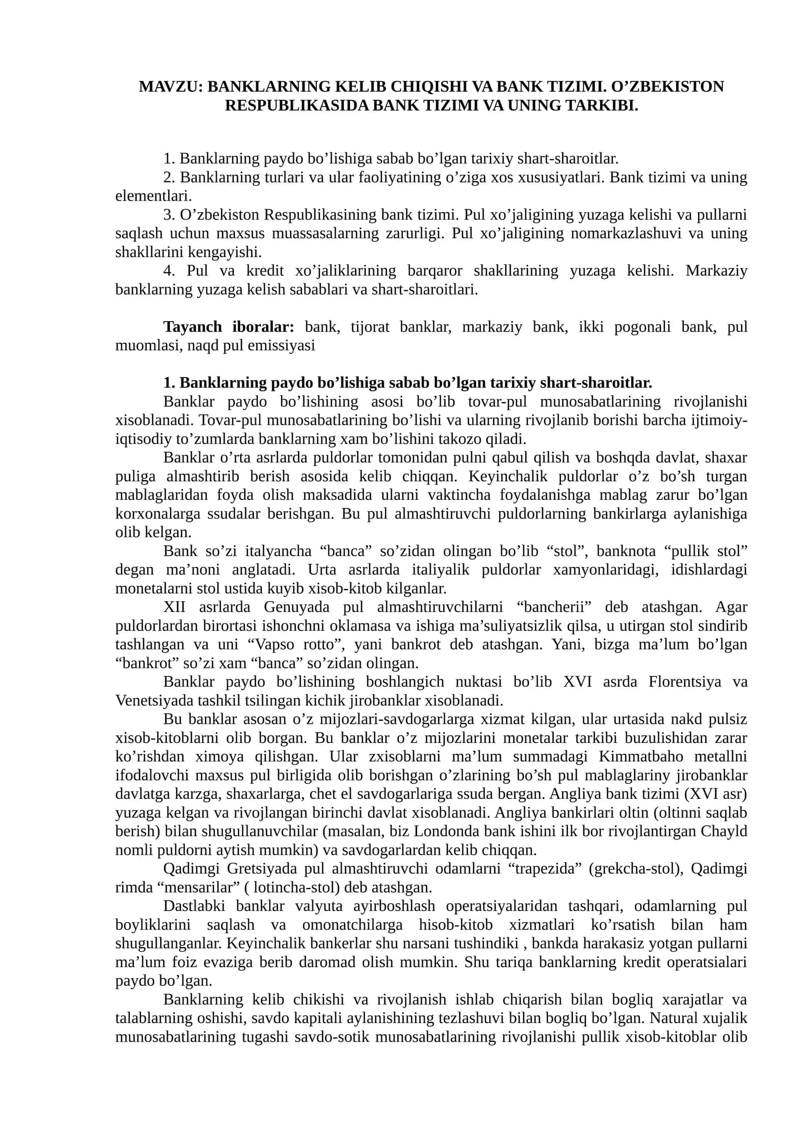 BANKLARNING KELIB CHIQISHI VA BANK TIZIMI. O’ZBEKISTON RESPUBLIKASIDA BANK TIZIMI VA UNING TARKIBI.