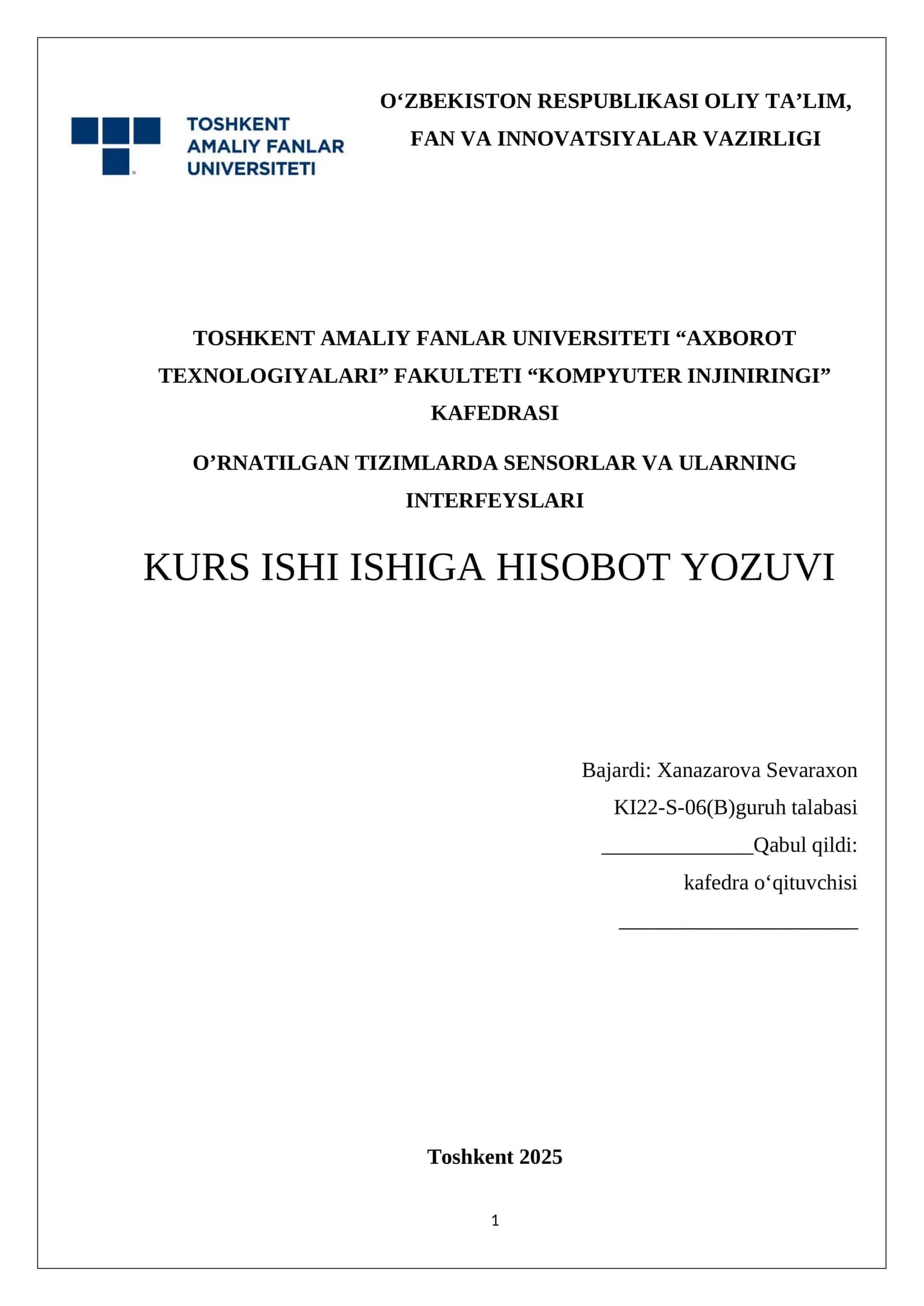 "O‘rnatilgan tizimlarda sensorlar va ularning interfeyslari" kurs ishi