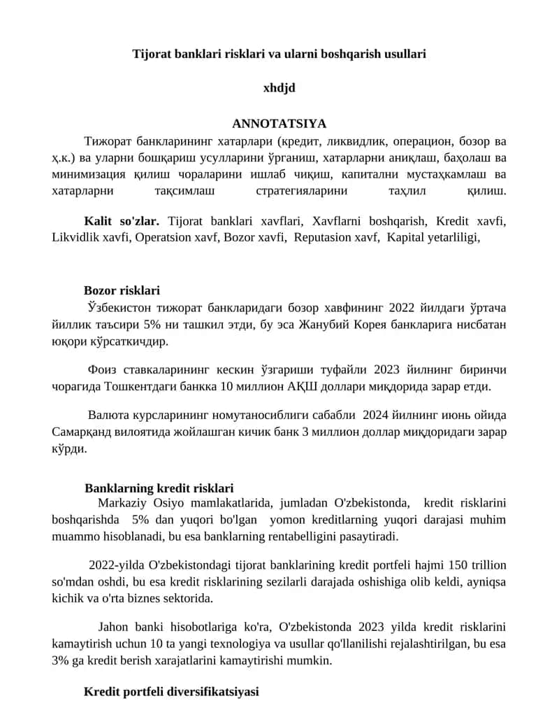 Tijorat banklari risklari va ularni boshqarish usullari