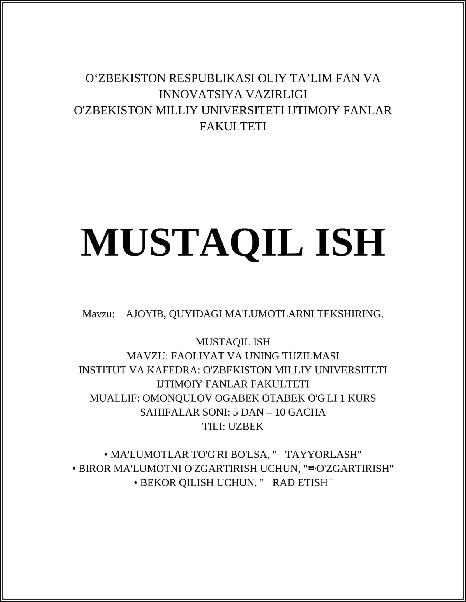 AJOYIB, QUYIDAGI MA'LUMOTLARNI TEKSHIRING