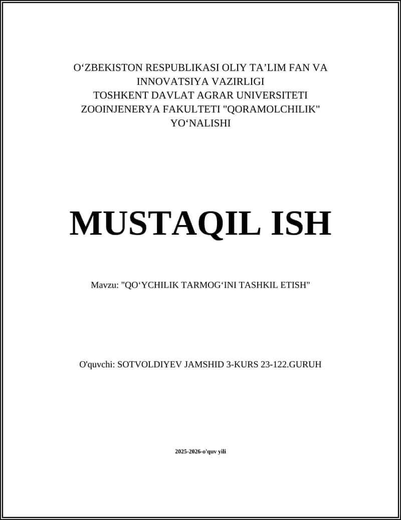 QOʻYCHILIK TARMOGʻINI TASHKIL ETISH
