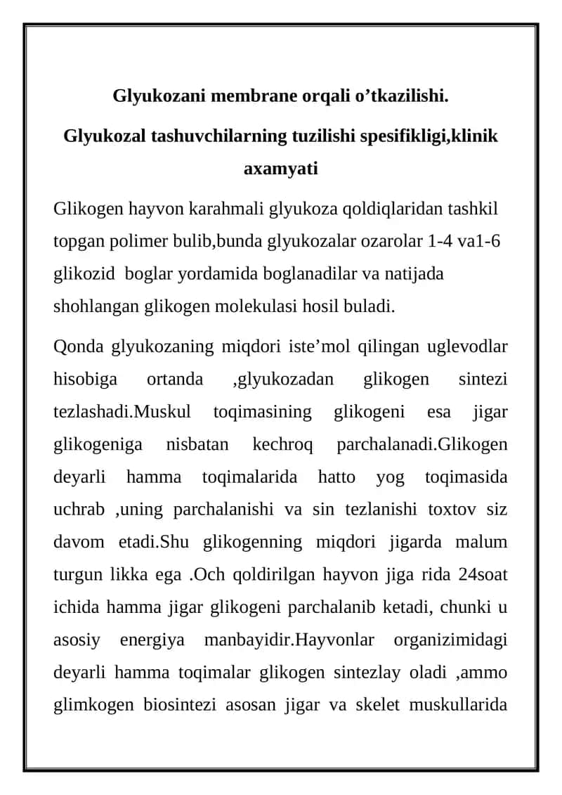 Glyukozani membrane orqali o’tkazilishi.