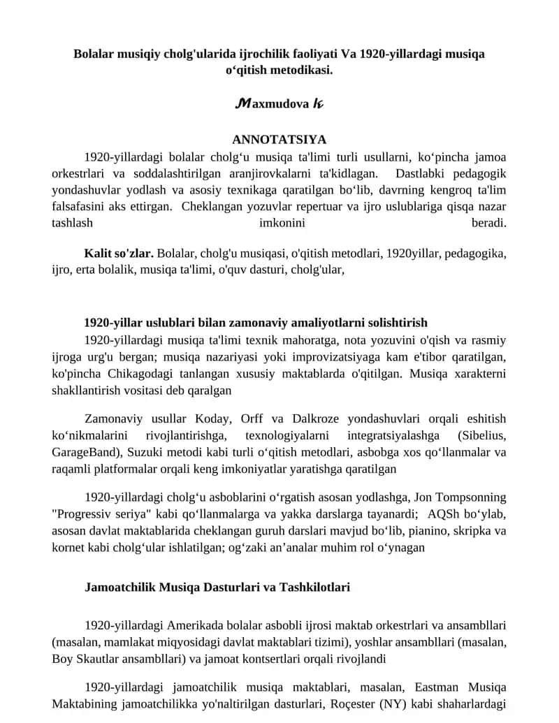 1920-yillardagi bolalar cholg'ularida musiqa ta'limi