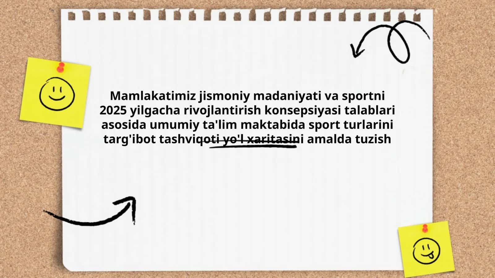 Mamlakatimiz jismoniy madaniyati va sportni 2025 yilgacha rivojlantirish konsepsiyasi talablari asosida umumiy ta'lim maktabida sport turlarini targ'ibot tashviqoti yo'l xaritasini amalda tuzish
