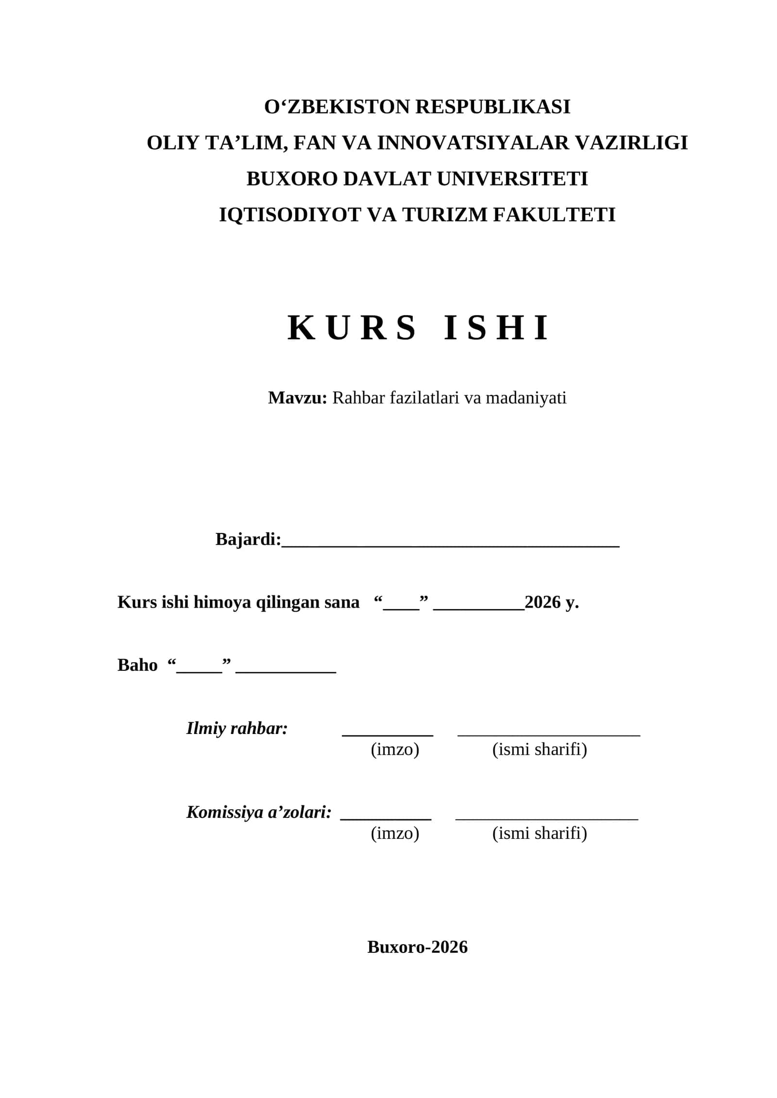 Rahbar fazilatlari va madaniyati KURS ISHI