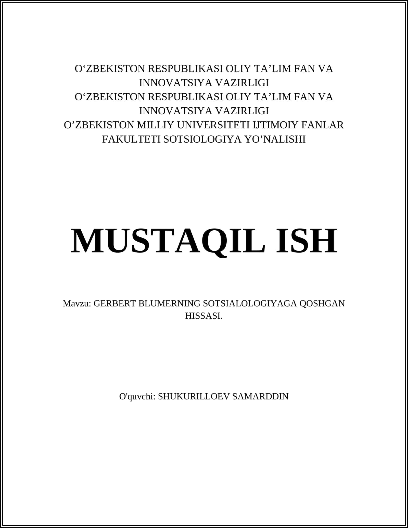 GERBERT BLUMERNING SOTSIALOLOGIYAGA QOSHGAN HISSASI