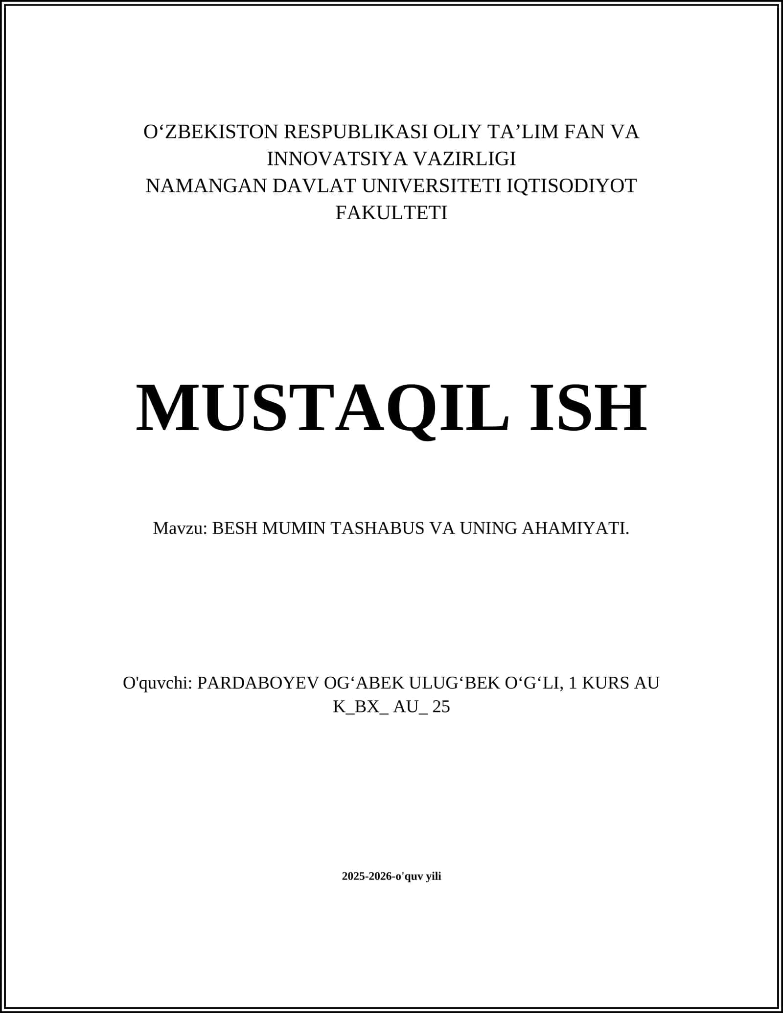 Besh Mumin Tashabbus Va Uning Ahamiyati