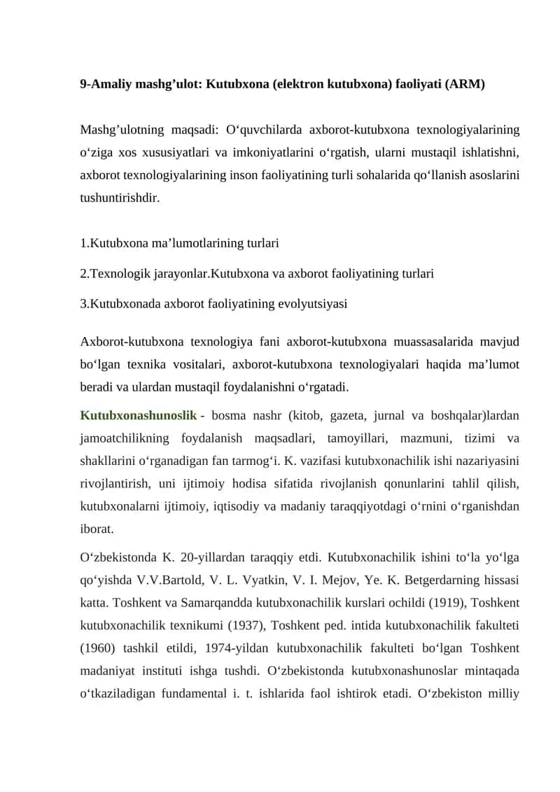 Kutubxona (elektron kutubxona) faoliyati (ARM)