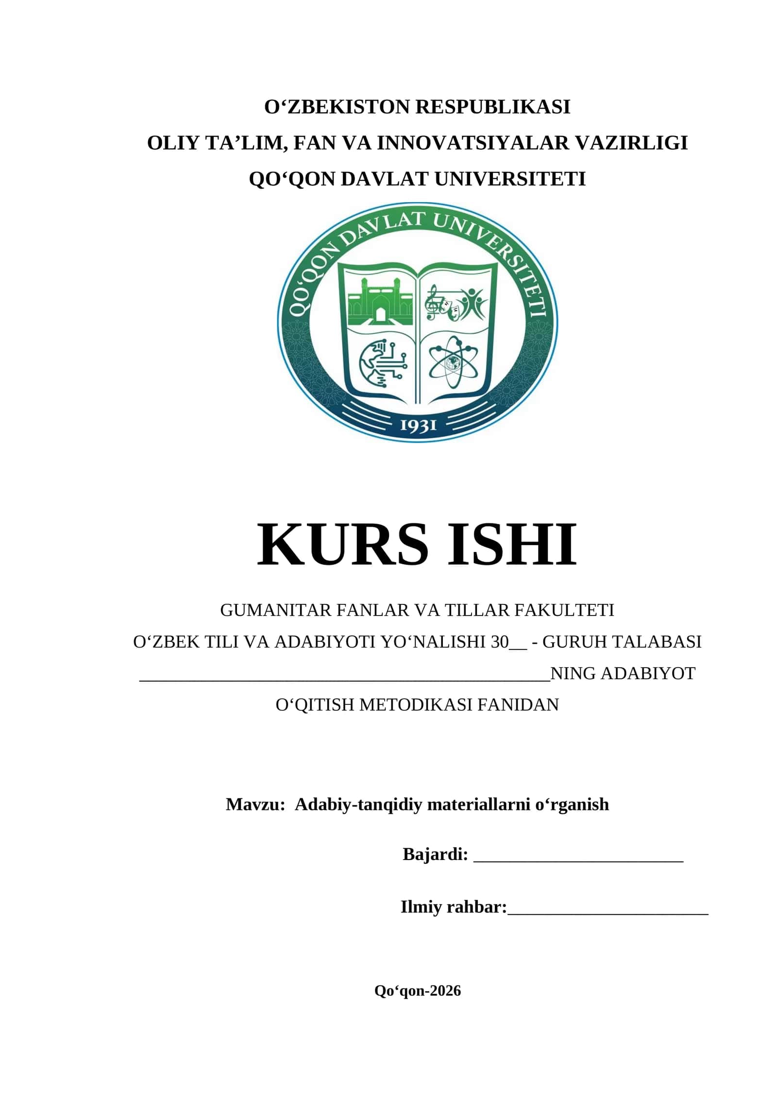 Adabiy-tanqidiy materiallarni o‘rganish KURS ISHI
