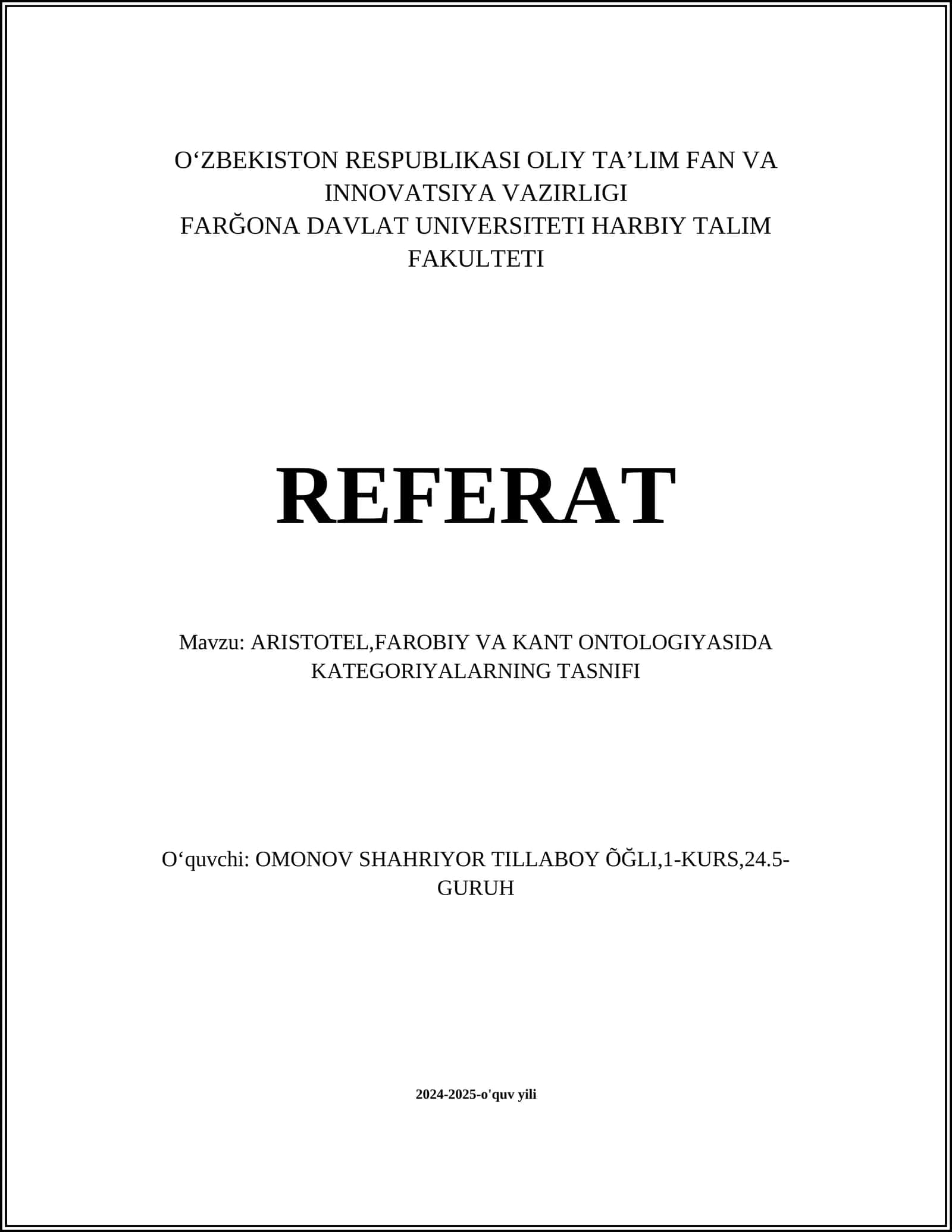 ARISTOTEL, FAROBIY VA KANT ONTOLOGIYASIDA KATEGORIYALARNING TASNIFI
