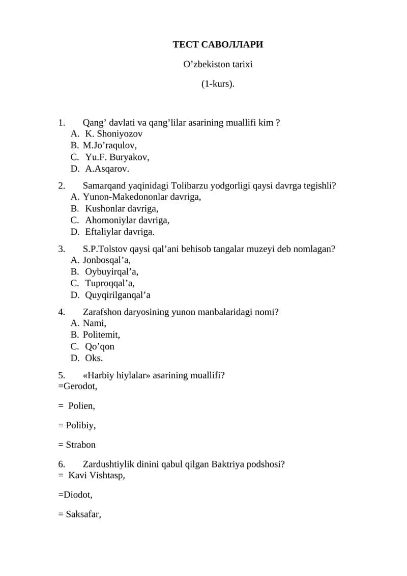 O’zbekiston tarixi (1-kurs)