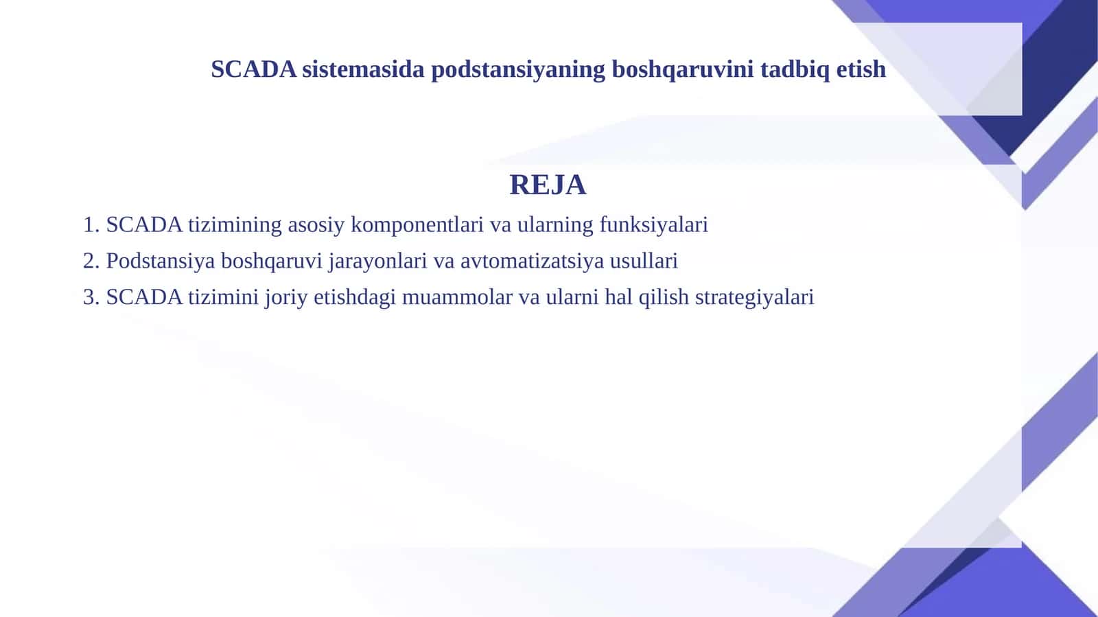 SCADA sistemasida podstansiyaning boshqaruvini tad
