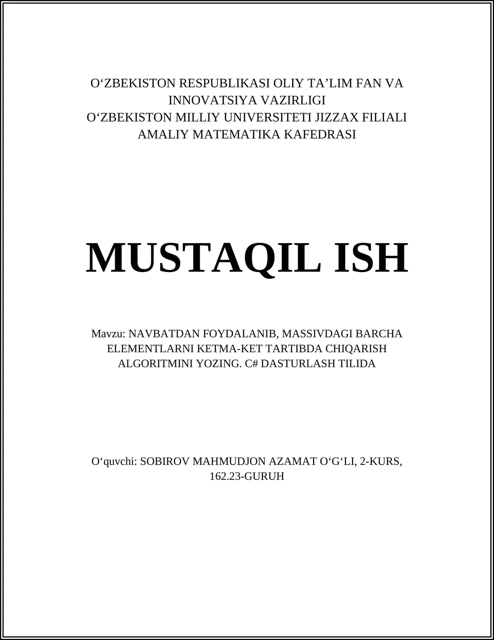 NAVBATDAN FOYDALANIB, MASSIVDAGI BARCHA ELEMENTLARNI KETMA-KET TARTIBDA CHIQARISH ALGORITMINI YOZING. C# DASTURLASH TILIDA