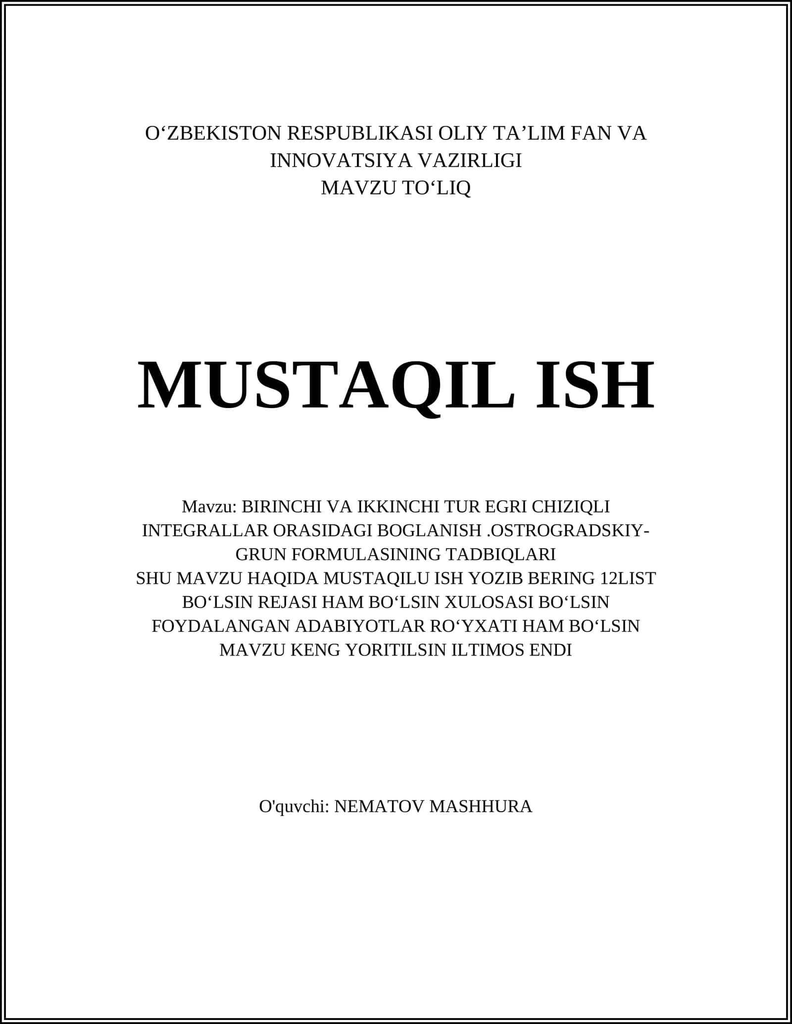 BIRINCHI VA IKKINCHI TUR EGRI CHIZIQLI INTEGRALLAR ORASIDAGI BOGLANISH