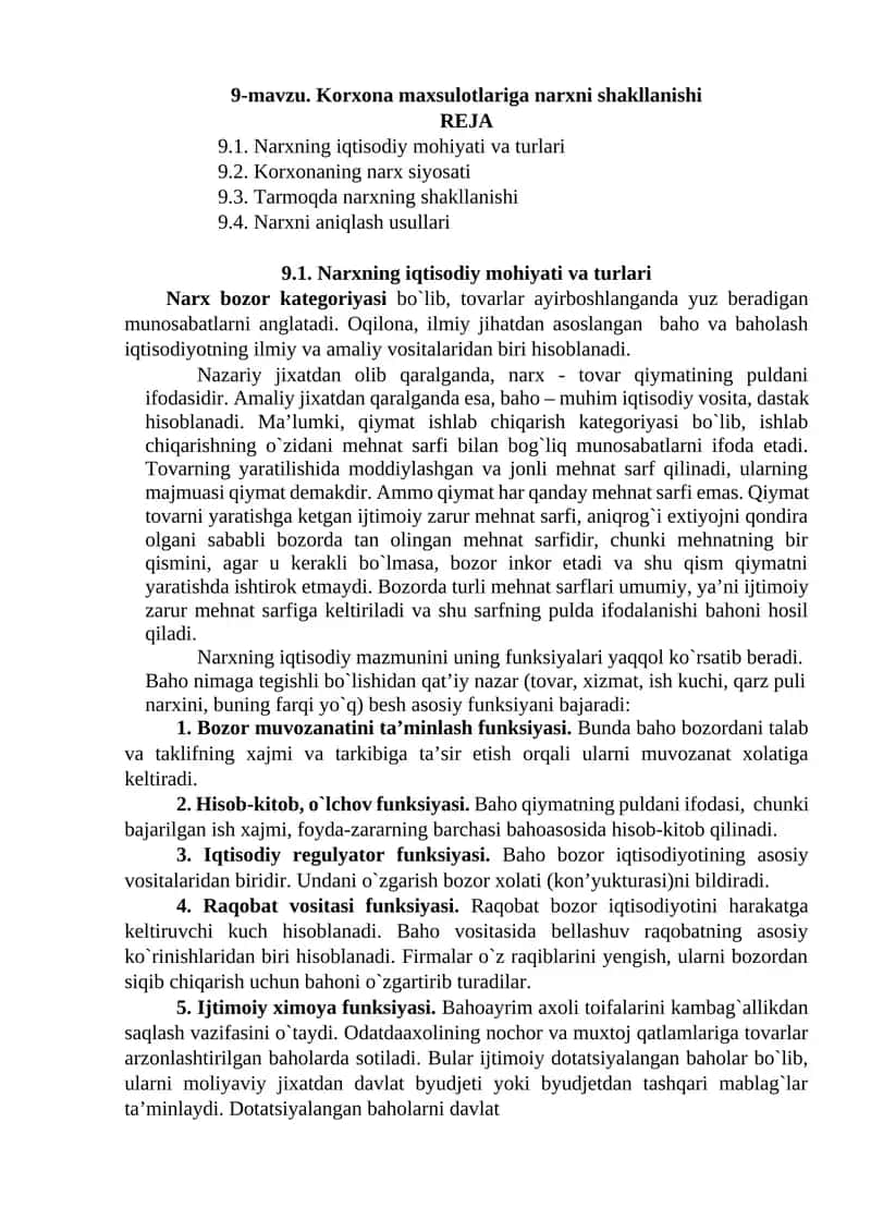 9-mavzu. Korxona maxsulotlariga narxni shakllanishi