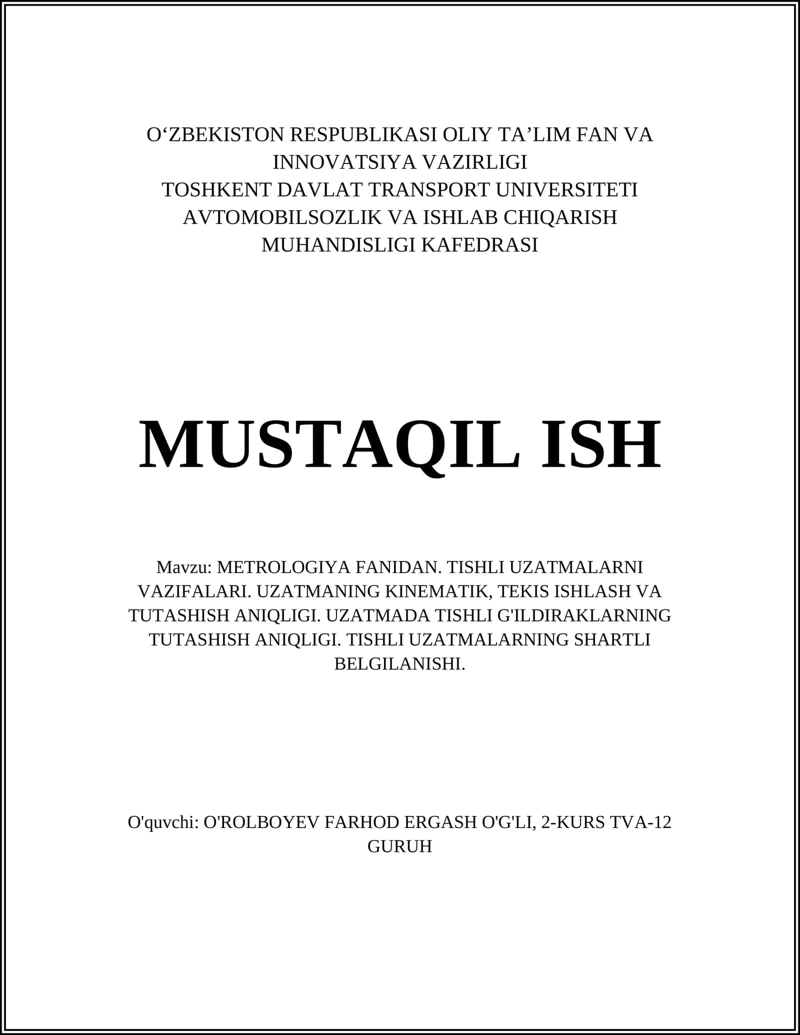 Metrologiya Fanidan Tishli Uzatmalar