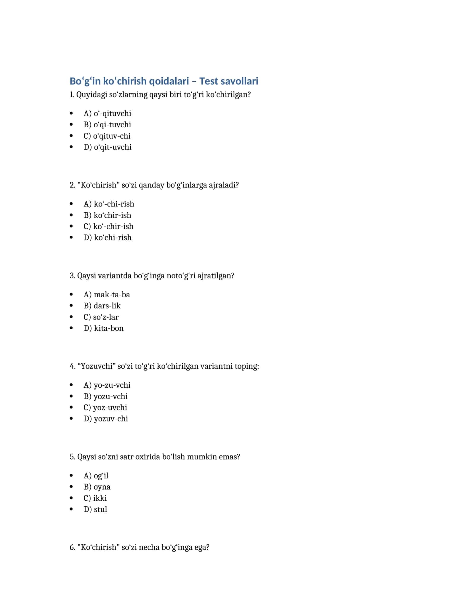 Bo‘g‘in ko‘chirish qoidalari – Test savollari