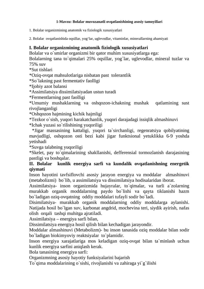 Bolalar muvozanatli ovqatlanishining asosiy tamoyillari