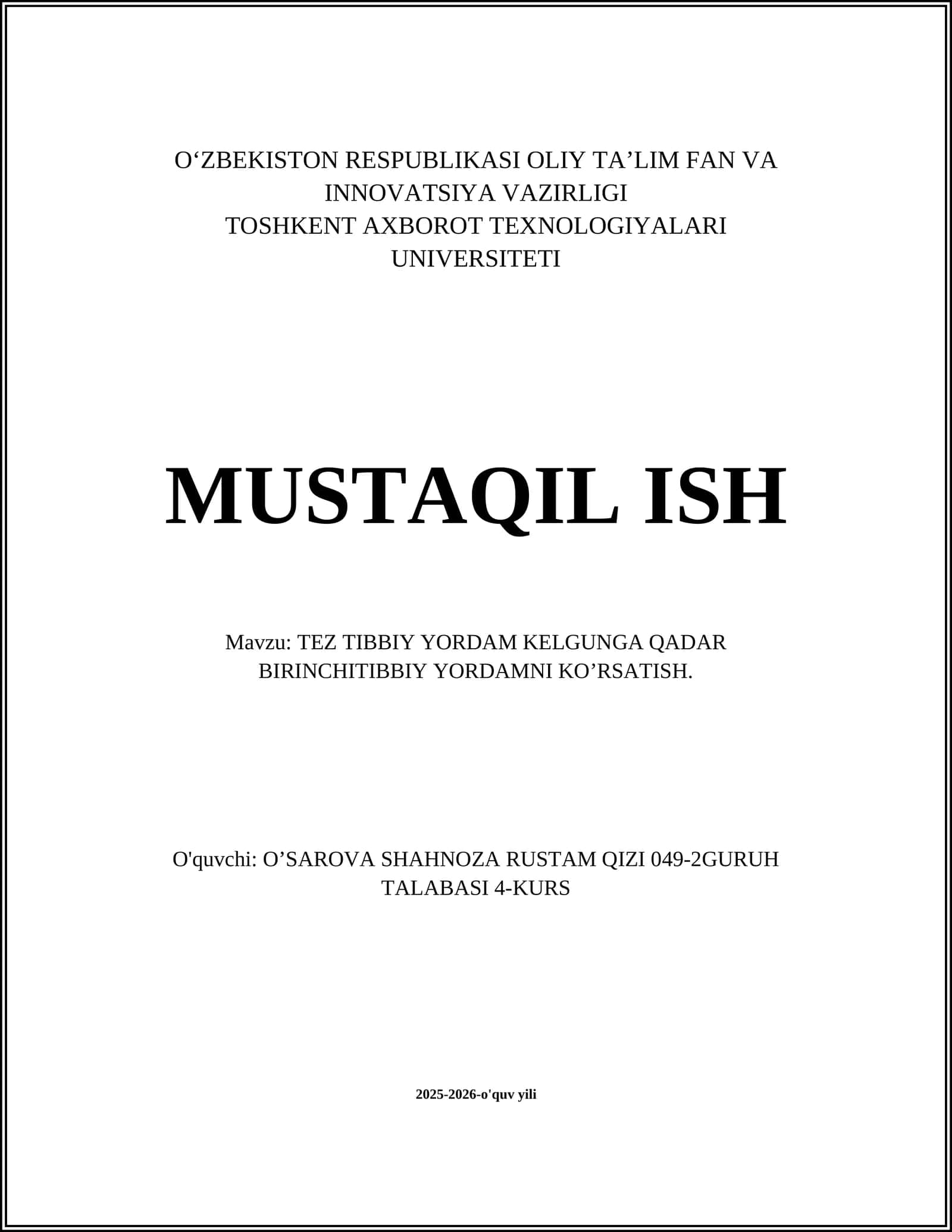 TEZ TIBBIY YORDAM KELGUNGA QADAR BIRINCHITIBBIY YORDAMNI KO’RSATISH
