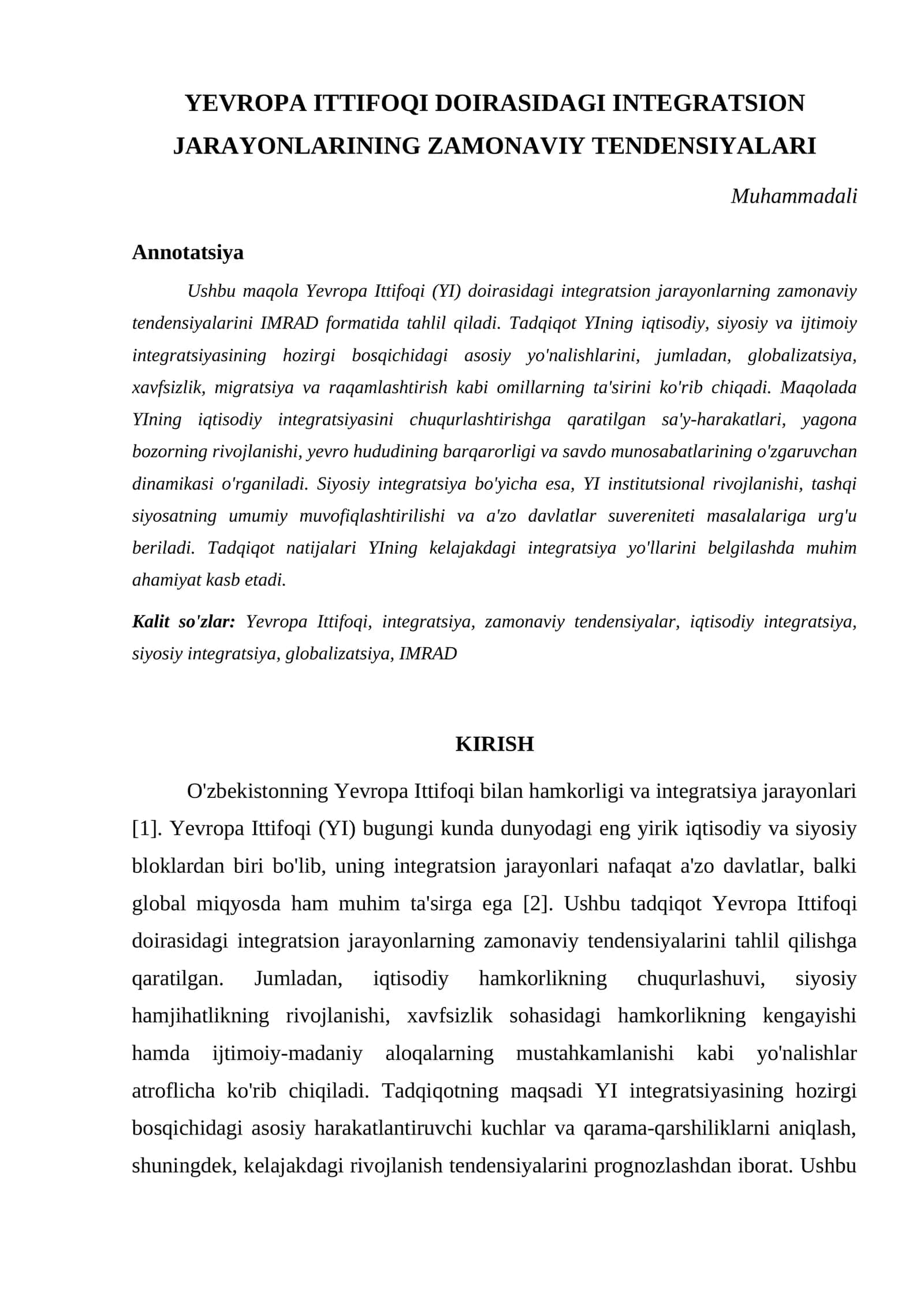YEVROPA ITTIFOQI DOIRASIDAGI INTEGRATSION JARAYONLARINING ZAMONAVIY TENDENSIYALARI