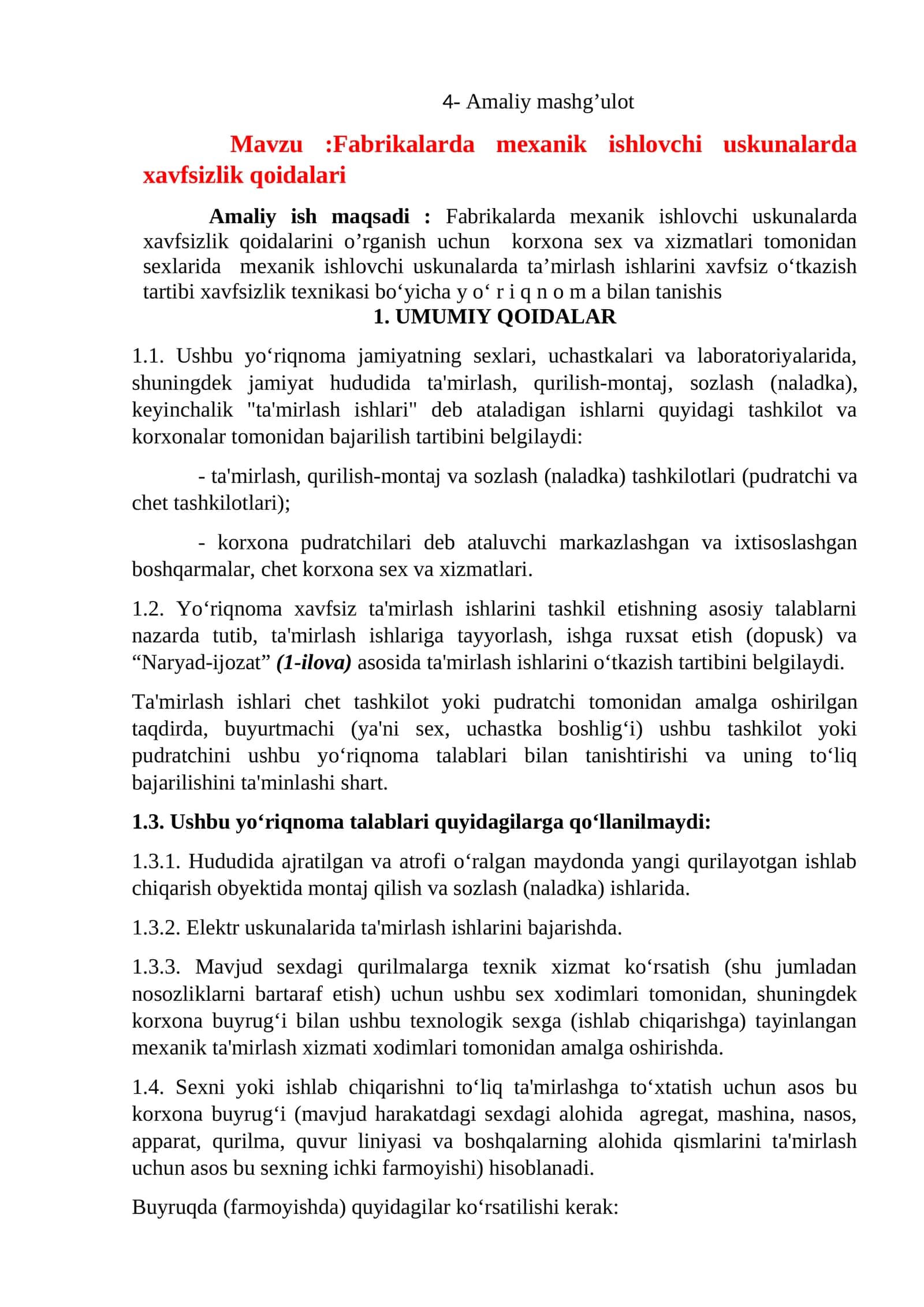 Fabrikalarda mexanik ishlovchi uskunalarda xavfsizlik qoidalari