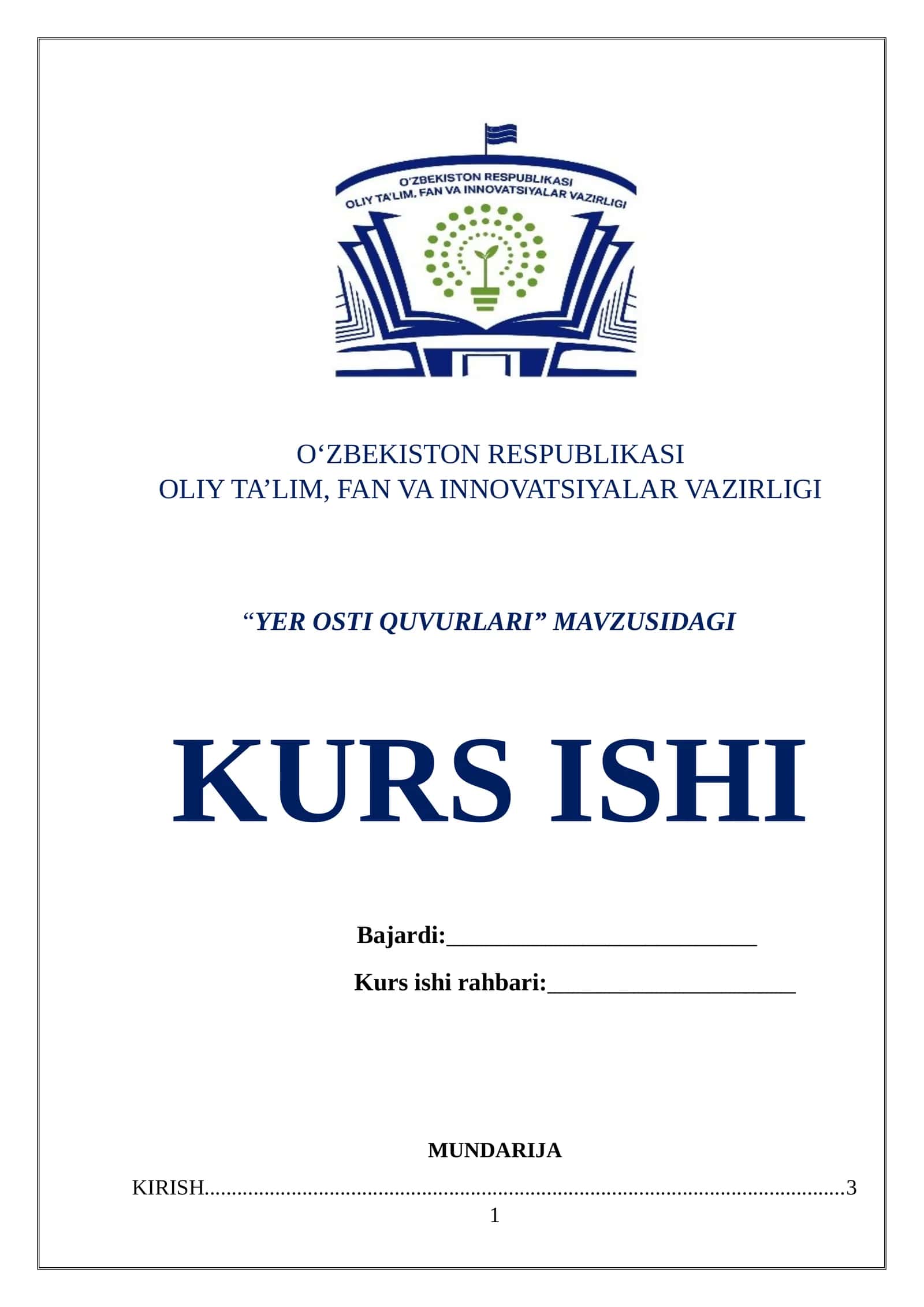 “YER OSTI QUVURLARI” MAVZUSIDAGI KURS ISHI