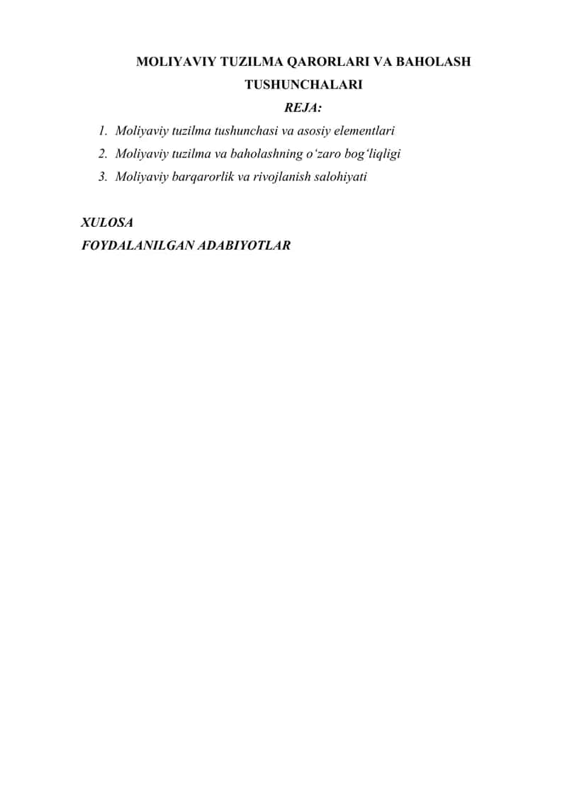 MOLIYAVIY TUZILMA QARORLARI VA BAHOLASH TUSHUNCHALARI